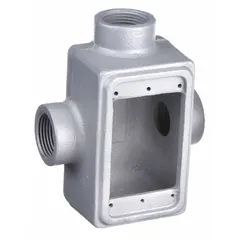 Rectangular iron weatherproof electrical box with 25 cubic inch capacity, 1-inch hub, and gray finish. Designed for one gang installation, it provides a durable enclosure for wiring connections in outdoor or industrial environments.