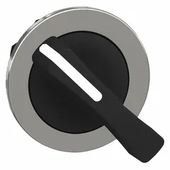 Panel-mount selector-switch operator from Series XB4 with a 30 mm mounting hole. Features 2 positions with maintained/momentary action and a metallic bezel. No cam included. Suitable for industrial control circuits requiring manual selection between two states.