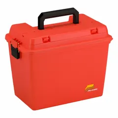 This plastic tool box from PLANO MOLDING measures 17 inches wide, 10 inches deep, and 13 inches high. It features an orange exterior, a padlock for security, and two compartments for organizing tools and equipment. Suitable for portable storage in workshops and maintenance settings.