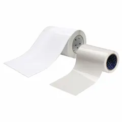 This vinyl label and laminating kit includes white material with permanent adhesive, measuring 10 inches in height. Used for creating durable labels and protective overlaminates in industrial settings such as equipment identification, pipe marking, and safety signage.