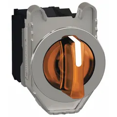 This SCHNEIDER XB4 illuminated selector switch features a short-handled knob with three maintained positions (On/Off/On) and a metallic bezel. It has 1NO/1NC contacts rated 3 A at 240 V AC and 0.27 A at 250 V DC. The plastic operator head is illuminated, and the switch is designed for 30 mm panel mounting in industrial control applications.