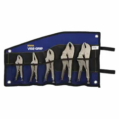 Set of four curved-jaw locking pliers with knurled grips for secure handling. Max jaw openings: 2 in, 1-1/2 in, 1-1/8 in, and 1-7/8 in. Includes storage pouch. Suitable for gripping, clamping, and turning fasteners in metalworking, automotive repair, and general maintenance.