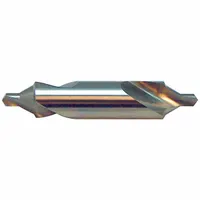Double-end bell-tip center drill, size #18, with a 60° point angle and 3-1/2 in overall length. Constructed from cobalt steel with an AlTiN coating. Used for creating accurate starting holes in lathe and milling centering operations