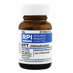 Lab-grade protease inhibitor in powder form, supplied in a glass container. Certified BSE/TSE free. Used to reduce disulfide bonds in proteins, commonly applied in biochemistry and molecular biology research for enzyme stabilization and protein purification.