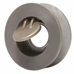 This carbon steel wafer swing check valve features a spring-loaded design for backflow prevention in piping systems. It has an inline valve body with a 4-inch pipe size and a 316 stainless steel disc. Suitable for industrial applications requiring one-way flow control.