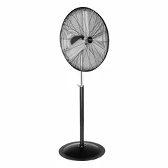 Stationary floor fan with 30-inch blade diameter, powered by 120V AC. Features a 1/3 hp direct-drive motor and steel construction. Designed for air circulation in warehouses, factories, and workshops.