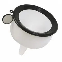 Polyethylene spout funnel with screen for filtering debris during fluid transfer. 144 fl oz capacity, 9 in diameter, 10 in height. Includes antisplash ring to reduce spillage. Suitable for automotive and industrial fluid handling.