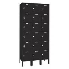 This unassembled louvered metal box locker from LYON features 6 tiers and 3 units wide, with a black finish and padlock hasp. The louvered door promotes airflow, suitable for personal storage in industrial, educational, or recreational settings. No number plates included.