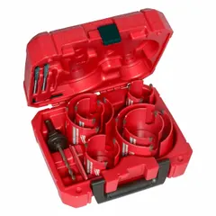 This hole saw kit is designed for cutting clean holes in wood. It includes multiple cutter sizes for various woodworking tasks such as carpentry, framing, electrical, and plumbing installations.