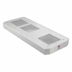 Steel equipment rack cooling fan for forced air circulation in industrial enclosures. Operates on 100/240V AC. Measures 1 5/8 in height by 21 5/8 in width. Suitable for maintaining airflow within electronic cabinets to prevent heat buildup.