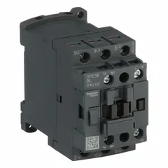 Non-reversing IEC magnetic contactor with 3 poles and 3 normally open (NO) contacts. Rated for 18 A with a 24 V DC coil. No integrated surge suppression. Used for switching and controlling electrical loads in motor control and industrial automation applications.