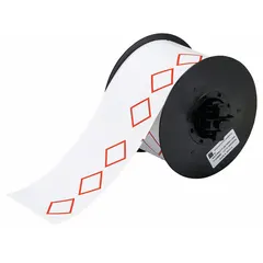 Red GHS/CLP 3B diamond precut label rolls with no legend, measuring 2 61/64 in x 4 21/64 in. Acrylic adhesive for durable bonding. Compatible with S3000 printer series. Used for chemical hazard identification and compliance labeling in industrial environments.