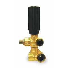 Brass unloader valve with a maximum operating pressure of 3,650 psi and overall height of 8 1/8 in. Used in pressure washers and high-pressure cleaning systems to regulate pump pressure and divert water flow when the trigger is released, preventing pump overload.