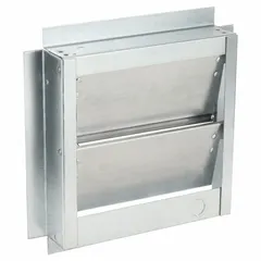 This ceiling/roof-mount backdraft damper features a single-panel flat blade design for vertical airflow direction. It mounts horizontally and is suitable for use in ventilation systems requiring one-way airflow, such as exhaust or intake applications. Maximum air velocity is 2000 fpm.