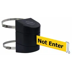 This rack-mount retractable belt barrier features a 15 ft yellow belt with black caution messaging and a black frame. It is designed for temporary pedestrian guidance and hazard warnings in industrial facilities, warehouses, and event spaces. The unit includes a hose clamp mounting plate for secure attachment to rack structures.