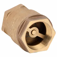 This inline disc check valve features a lead-free bronze body with FNPT x FNPT connections. The spring-loaded swing disc design allows installation in vertical or horizontal piping systems. It is used to prevent backflow in water and industrial piping applications.