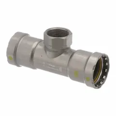 Carbon steel gas press tee fitting with 1 1/2 in x 1 1/2 in x 1 1/4 in pipe sizes. Used to branch gas piping systems in commercial and industrial applications, providing a leak-proof connection for natural gas or propane lines.