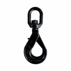 This steel slip hook is designed for overhead lifting and rigging applications, commonly used to attach loads to chains or cables. The swivel feature allows rotation under load to reduce line twist. Hook grade 80, 1/2 in material thickness, black finish.