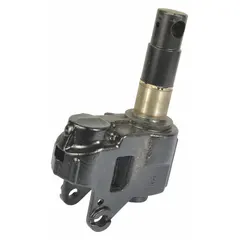 This steel pump body is a replacement component for pallet jack hydraulic systems. Finished in black, it is used to restore lifting and lowering function in compatible pallet jacks during maintenance or repair.