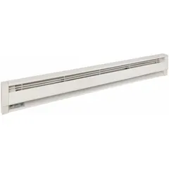 This oil-filled electric baseboard heater from Dayton delivers 1250W of heating output at 120V AC. It features a conventional white housing and is rated for commercial-grade applications. A separate thermostat is required for temperature control.