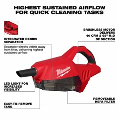 Cordless handheld vacuum for quick cleanup of dust, debris, and fine particles in industrial and maintenance settings. Delivers 40 cfm airflow, weighs 3.7 lb, and operates at 84 dB sound level. Vacuum capacity is 1/4 gal. Battery not included.