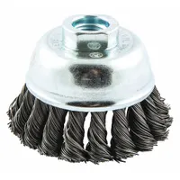 This cup brush is designed for heavy cleaning of contoured carbon steel surfaces. It features standard twist knot wire bristles with a 0.02 in fill diameter and a 3 in diameter. The brush connects via a 5/8"-11 arbor hole, making it suitable for removing rust, scale, and weld splatter on irregular shapes