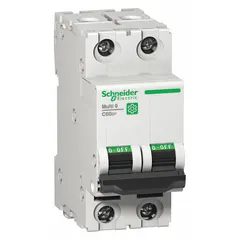 Two-pole supplementary protector with C-curve trip characteristic, rated 32 A and 14 kA interrupting capacity at 240 V AC. Suitable for AC systems up to 440 V. Screw clamp terminals for secure wiring. Commonly used in industrial control panels, lighting circuits, and HVAC equipment for overload and short-circuit protection.