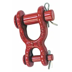 This double-clevis connecting link is made from alloy steel and has an overall length of 4 17/32 inches and an overall width of 2 3/4 inches. It is used in rigging and lifting applications to connect components such as chains or hooks in a straight line, providing a strong connection under load.