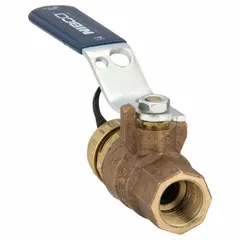 This NIBCO bronze ball valve features a 1/2-inch straight body with female NPT (FNPT) connections on both ends. It is equipped with a lever handle for manual two-way flow control and is rated for a maximum cold working pressure of 600 psi. Suitable for use in plumbing and HVAC systems for water, oil, and gas applications.