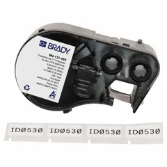 Thermal transfer precut label roll cartridge for BMP51 printer series. Rectangle labels, 1/2 in x 1 in, made of cryogenic polyester with black-on-white print. Suitable for labeling vials and tubes from 1.0 to 8.0 mL in laboratory and cold-chain environments.