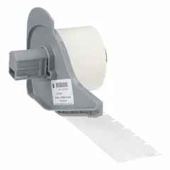 Precut label roll made of white autoclavable polyester with halogen-free material properties. Each label measures 1 in x 1/2 in. Designed for use with the Brady M710 printer series. Suitable for industrial labeling applications requiring heat-resistant and autoclavable identification.