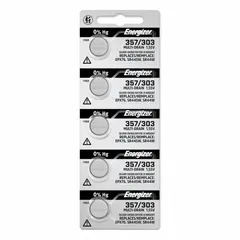 Disposable silver oxide button cell battery with 1.5V DC output and 138 mAh capacity. Suitable for powering small electronic devices such as calculators, watches, medical instruments, and key fobs. Battery size 303/357.