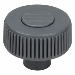 Knurled knob with threaded hole, 40 mm diameter, gray plastic body with steel thread insert. Thread size 1/4"-20, thread length 10 mm. Used for manual adjustment and clamping in fixtures and machinery.
