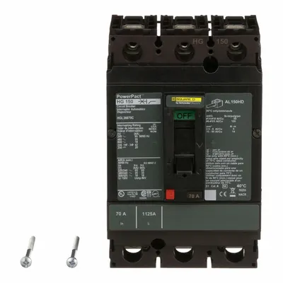 SQUARE D Molded Case Circuit Breaker: 70 A Amps, 65kA at 240V AC, Fixed, Line/Load Lug - H-Frame Square D Molded Case Circuit Breakers