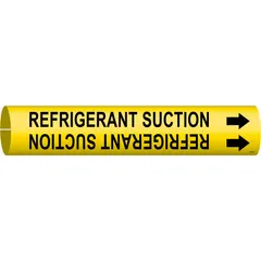 Snap-on pipe marker for identifying refrigerant suction lines in HVAC and refrigeration piping systems. Yellow background with black legend text and directional arrows. Fits pipe outer diameters from 1-1/2 to 2-3/8 inches. Supplied as a single marker.