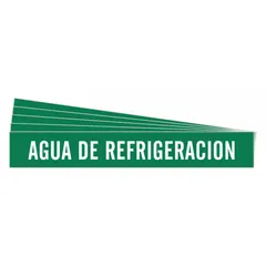 Green adhesive pipe marker with white legend 'Agua De Refrigeracion' for identifying cooling water pipes. Fits pipe outer diameters from 2-1/2 to 7-7/8 inches. Pack of 5 markers without arrows.