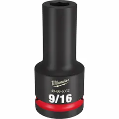 This 3/4" drive deep impact socket features a 9/16" SAE 6-point design with friction retention for secure bit engagement. It is intended for fastening and loosening nuts and bolts using impact tools in heavy-duty applications such as automotive repair, industrial maintenance, and construction.