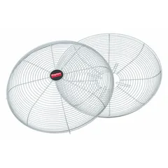 This guard set includes one front and one rear section made of steel with a powder-coated gray finish. It is designed to provide protective coverage for industrial fans, helping prevent accidental contact with fan blades in commercial or industrial environments.