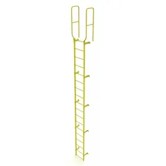 Single-section steel fixed ladder with 18 rungs, 28 in overall width, and 21 ft overall height. Walk-thru configuration allows passage through roof hatches or floor openings. Suitable for permanent access to elevated platforms, rooftops, or mezzanines in industrial and commercial settings.