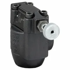 Cast iron body adjustable pressure relief valve. Minimum pressure 100 psi, maximum flow rate 92.6 gpm. Used in hydraulic systems to limit pressure and protect components from overpressure.