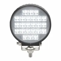 Round LED floodlight with bracket mount and blunt cut wires for permanent installation. Provides broad illumination for work areas on service trucks, emergency vehicles, and industrial equipment in low-visibility conditions.