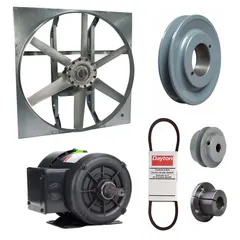 Unassembled belt-drive panel exhaust fan with a 24-inch blade, 1/2 hp motor, and 6,469 cfm capacity. Operates on 208-230/460V AC, 3-phase, single-speed, with a totally enclosed fan-cooled motor (Class B insulation). Zinc-plated steel frame with cast construction. Suitable for general ventilation in industrial and commercial spaces requiring removal of heat, fumes, or stale air.