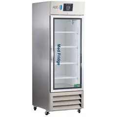 This upright lab refrigerator provides 23 cu ft of storage capacity with a temperature range of 2°C to 8°C. It features a white finish, a right-opening swing glass door, and a temperature alarm. The unit uses R-290 refrigerant and has an overall depth of 35 3/4 in. Suitable for storing temperature-sensitive medications, vaccines, and biological samples in laboratory and healthcare settings.