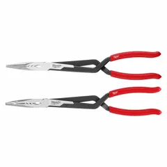 This long-nose pliers set features serrated jaws with a 3 in to 3-1/4 in jaw length and a flat tip, providing secure grip on wires and small parts. With a 3 in max jaw opening and 15-1/8 in overall length, it is suited for reaching into confined spaces in electrical, plumbing, and mechanical applications.
