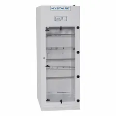 Bench-top or free-standing fingerprint fuming system with powder-coated polypropylene housing and base/stand. Includes work surface. Used for cyanoacrylate fuming to develop latent fingerprints on non-porous surfaces in forensic laboratories.