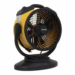 Portable axial blower with a polypropylene housing, delivering 1,100 cfm at 115V AC. Features four selectable speeds and a pivoting frame for 360° directional airflow. Suitable for ventilation, drying, and cooling in industrial, construction, and restoration applications.