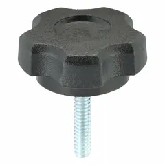Plastic knob with steel threaded stud, #10-24 thread size, 1 in thread length. Used for manual adjustment, clamping, and positioning on industrial machinery, jigs, and fixtures.