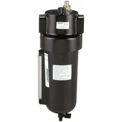 This mist-type lubricator injects a fine oil mist into compressed air systems to lubricate pneumatic tools, cylinders, and valves. It has a 1 in NPT port size, a maximum operating pressure of 250 psi, and a flow capacity of 275 cfm. The unit is operated with a screwdriver adjustment.