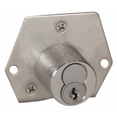 Latchbolt cabinet and drawer lock with interchangeable core, SFIC compatible. Inverted diamond type. Body height 2 1/8 in, width 1 7/8 in. Deadbolt function; core not included. Suitable for securing cabinets and drawers in commercial or institutional settings.