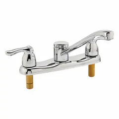 This centerset kitchen faucet is constructed from brass and features a widespread, deck-mount design requiring three mounting holes. It delivers a flow rate of 1.5 gpm, suitable for residential and light-commercial kitchen sink installations for washing and food preparation.